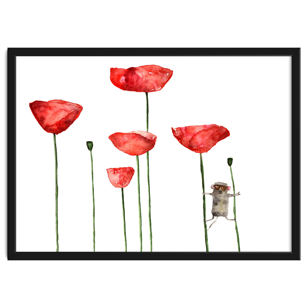 Little mouse loves big poppies || watercolor for nursery
