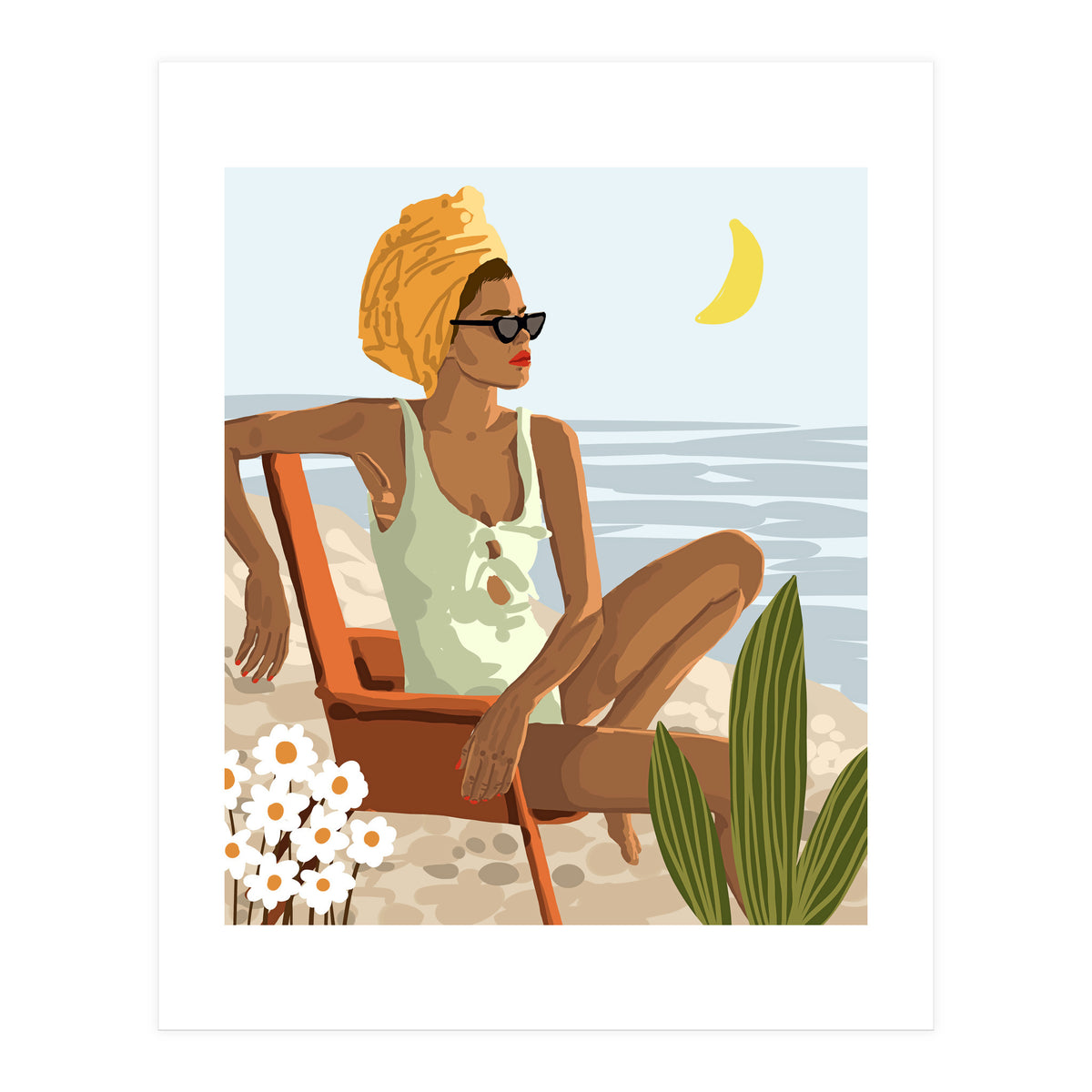 Moon Child, Beach Vacation, Black Woman Illustration Travel Ocean, Tropical Bohemian Fashion (Print Only)
