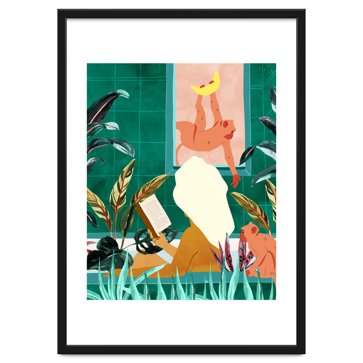 Urban Jungle Bath | Tropical Modern Bohemian Woman Bathtub | Pet Monkey Wild Animals Moon Watercolor