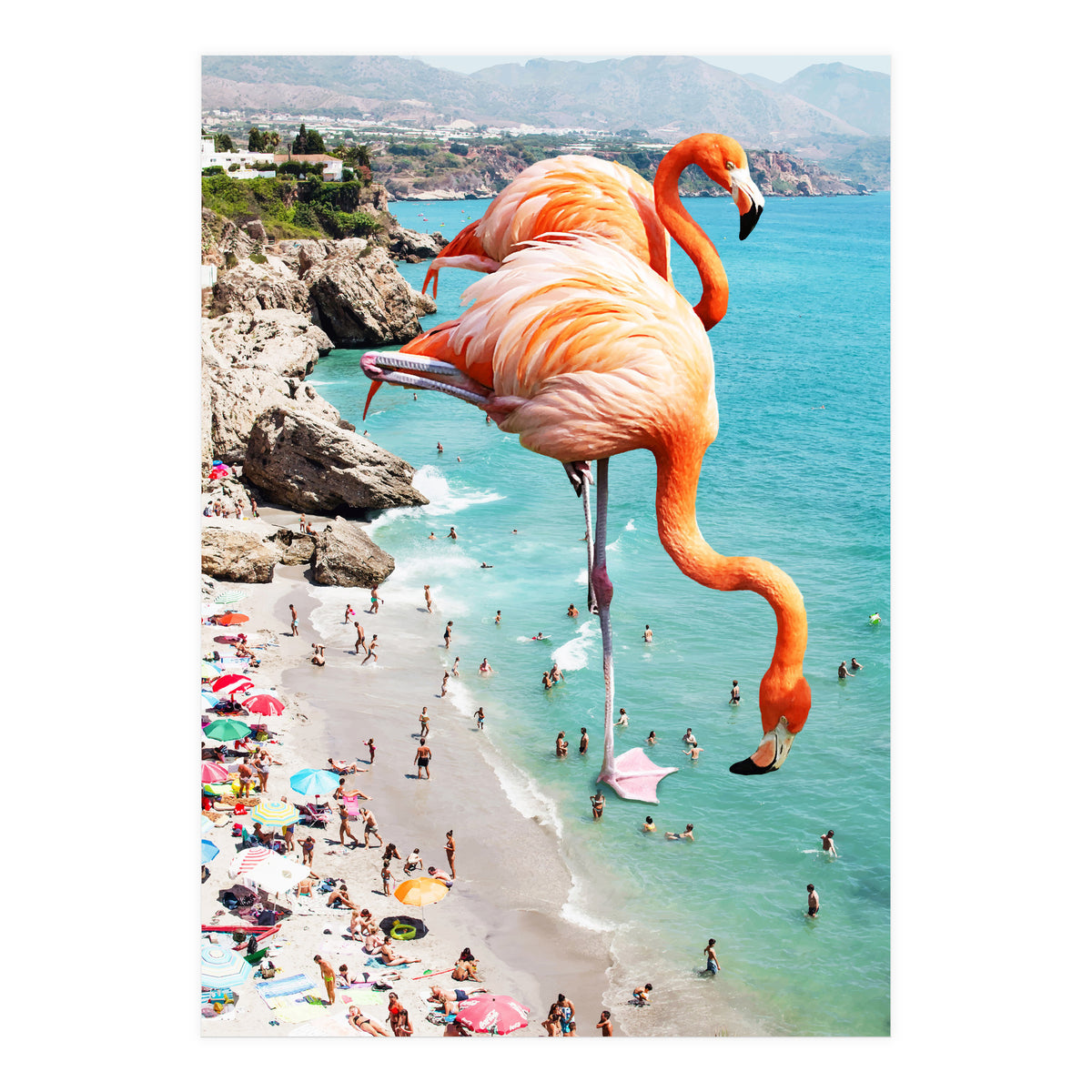Flamingos on the Beach, Wildlife Surrealism Birds, Nature Flamingo Fantasy Beach Summer Photography (Print Only)