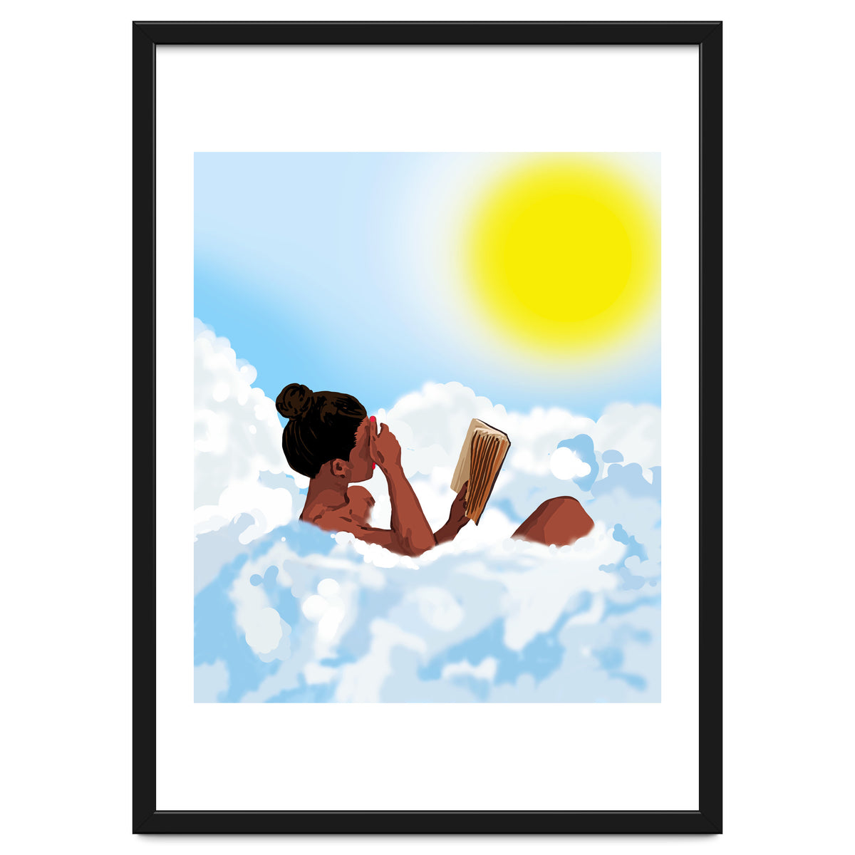 Reading on Clouds, Black Woman Summer Sunny Day Book Painting, Bohemian Nude
