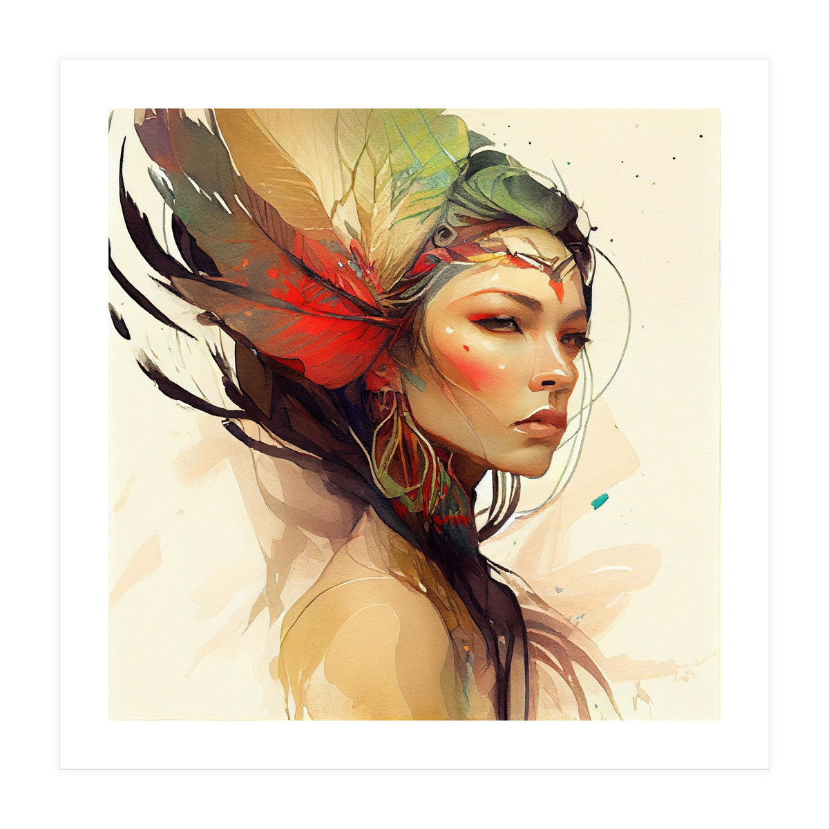 Watercolor Floral Indian Native Woman #14 (Print Only)