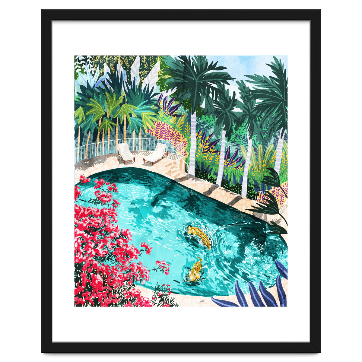 Luxury Tiger Villa illustration, Architecture Travel Nature Painting, Hotel Landscape Garden