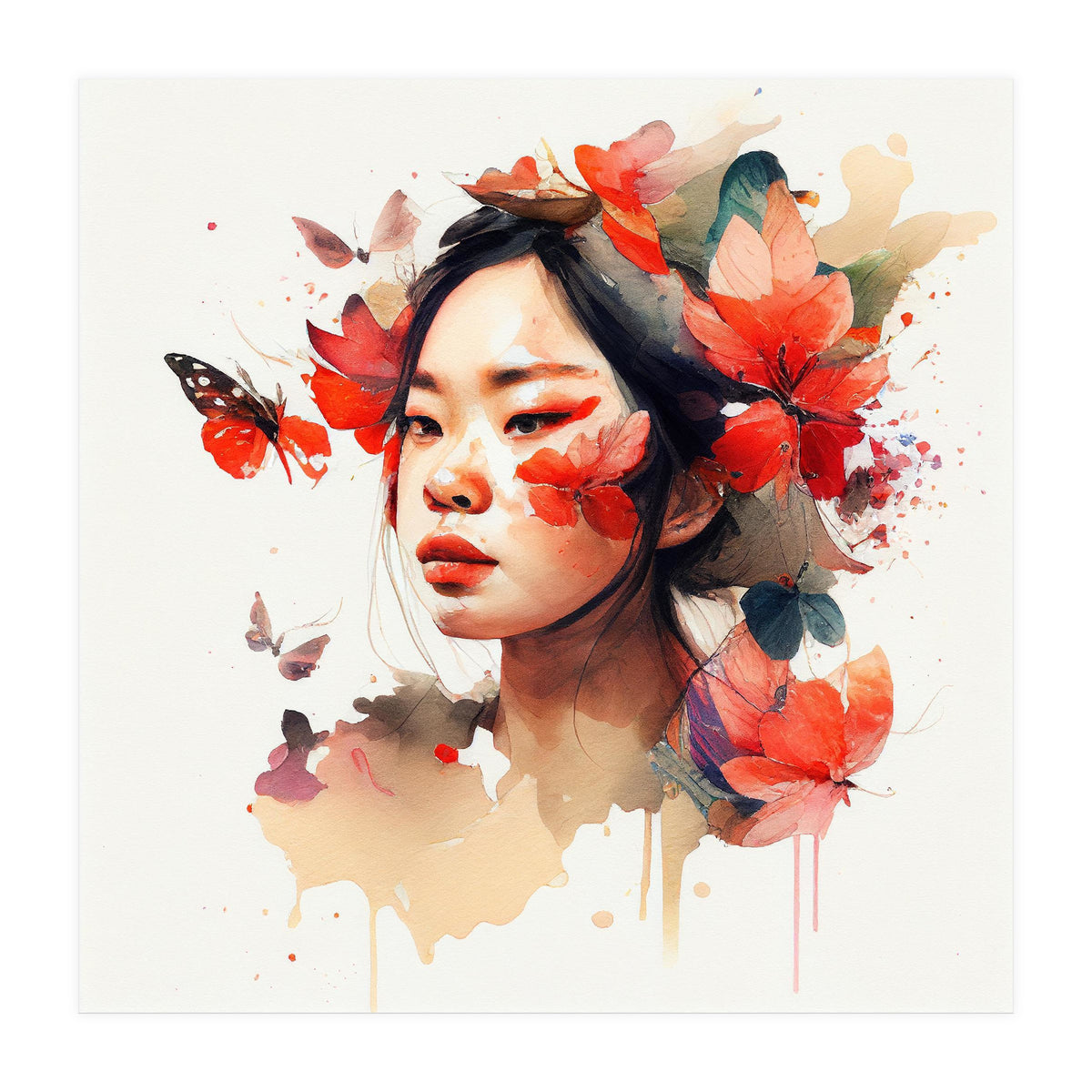 Watercolor Floral Asian Woman #5 (Print Only)