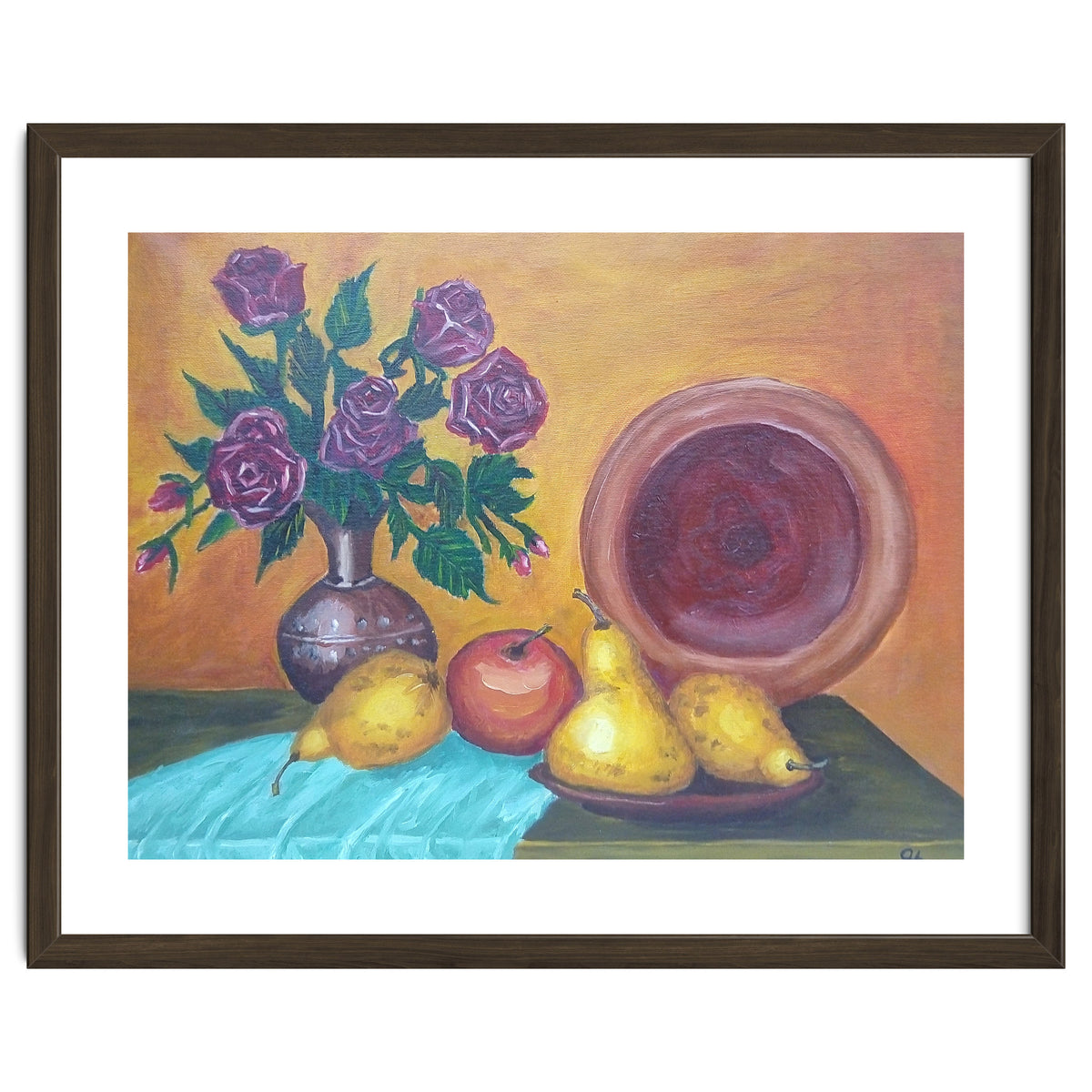 Still life with pears, roses and a dish.