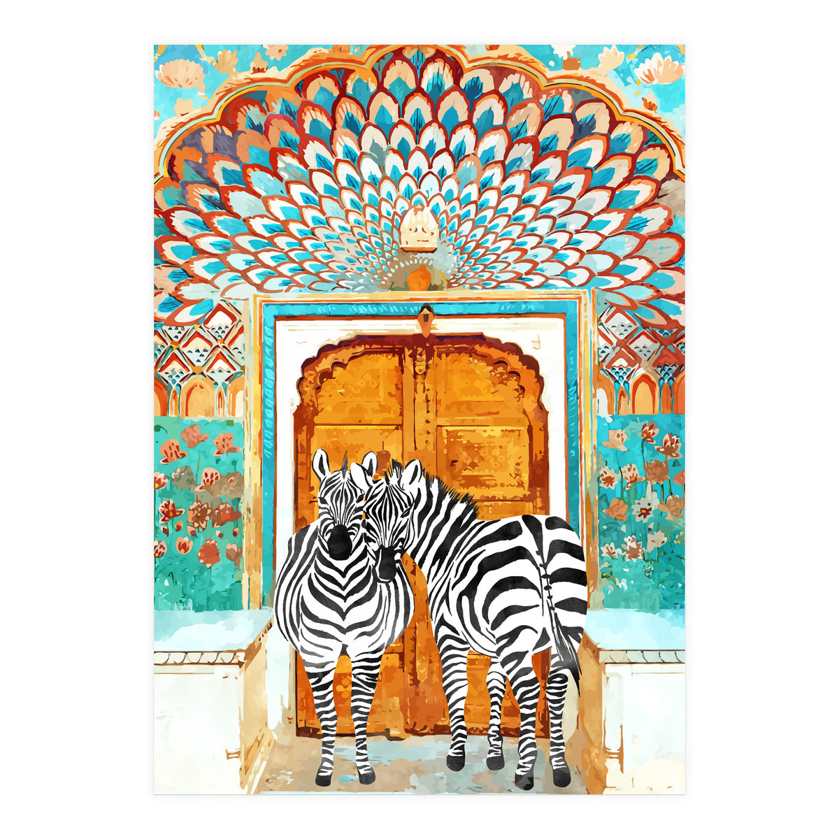 Take Your Stripes Wherever You Go Painting, Zebra Wildlife Architecture, Indian Palace Door Painting  (Print Only)