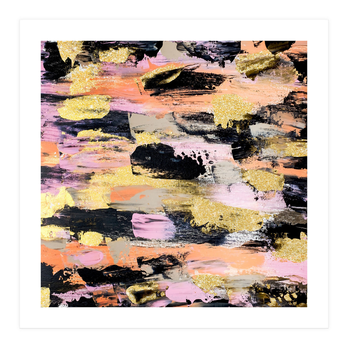 Modern Abstract Black Pink Salmon Gold Acrylic Brushstrokes Paint (Print Only)