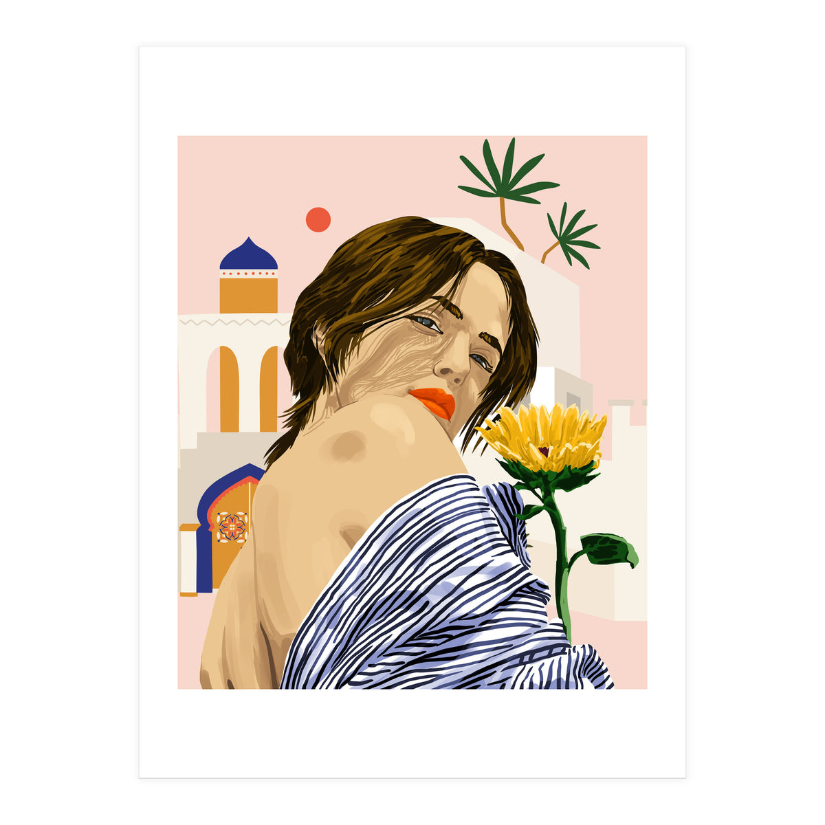 I Travel, I Become | Morocco Architecture Illustration, Bohemian Woman Tropical Sunflower Boho Palm  (Print Only)