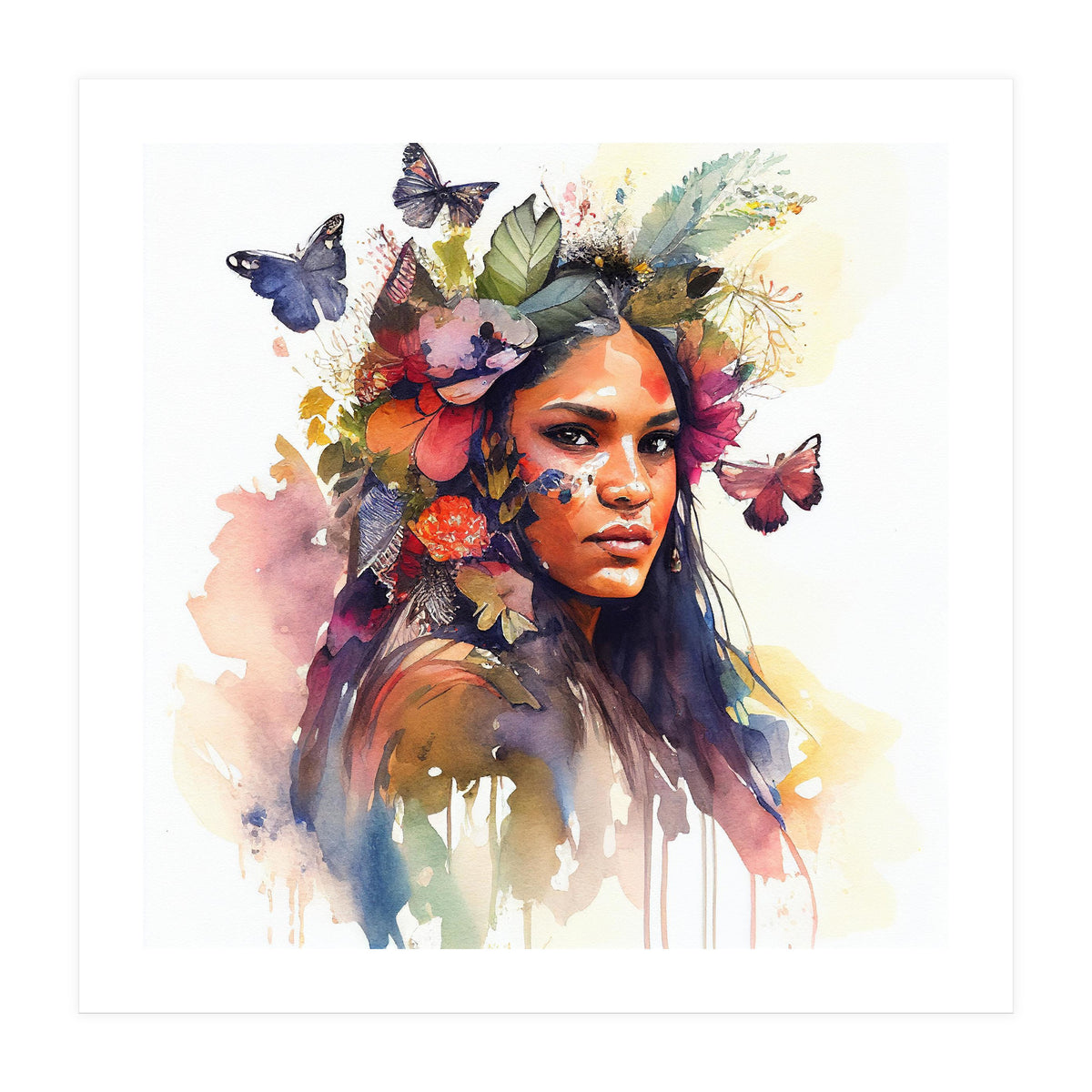 Watercolor Floral Indian Native Woman #5 (Print Only)