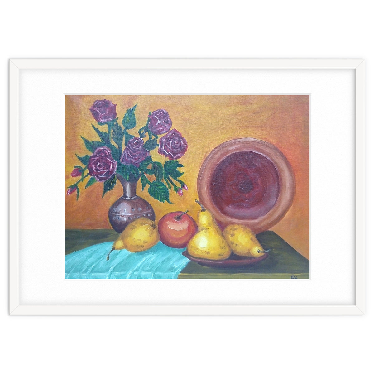 Still life with pears, roses and a dish.