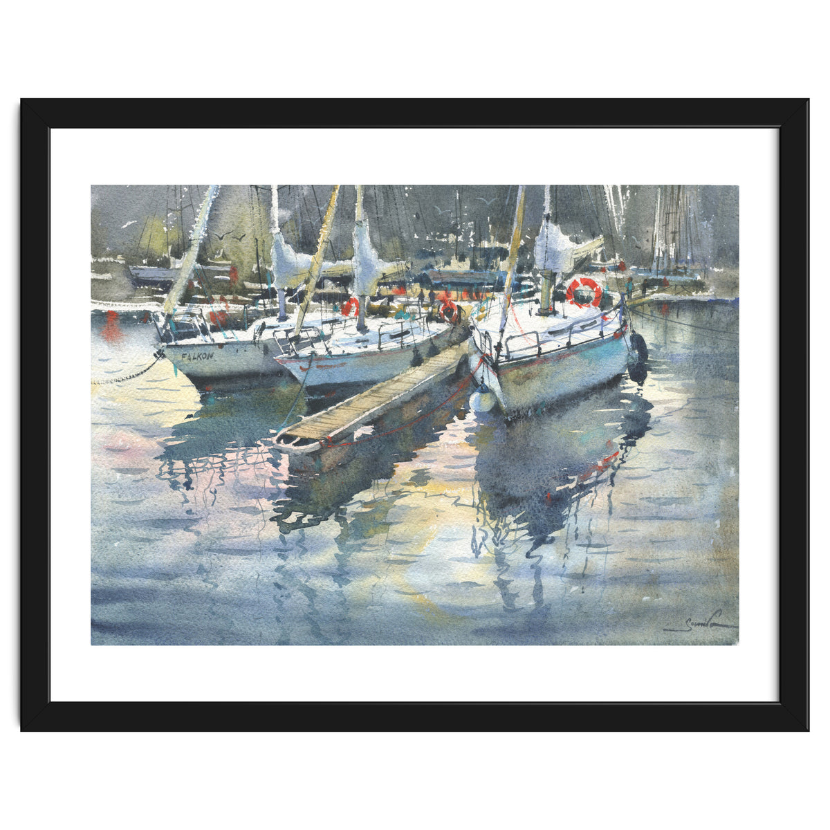 Yachts in the port. Watercolor painting