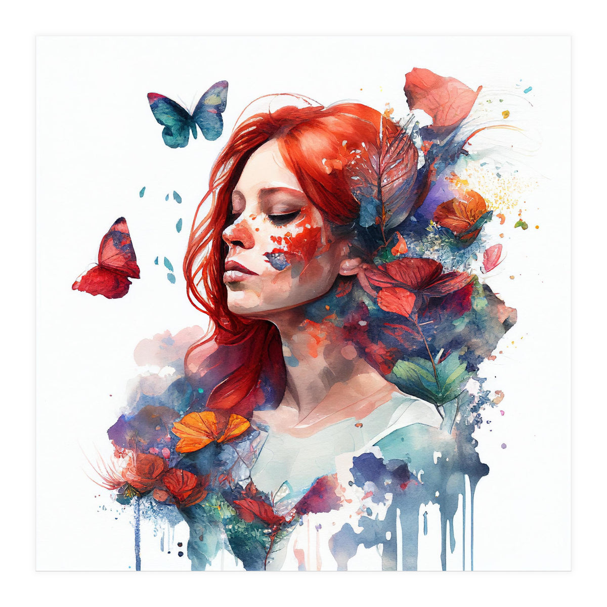 Watercolor Floral Red Hair Woman #2 (Print Only)