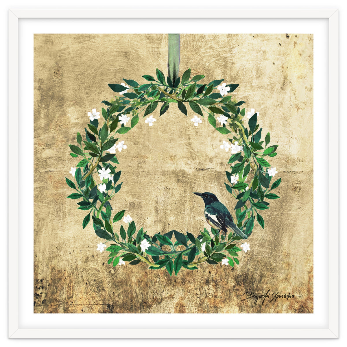 Wreath #White Flowers & Bird #Royal collection