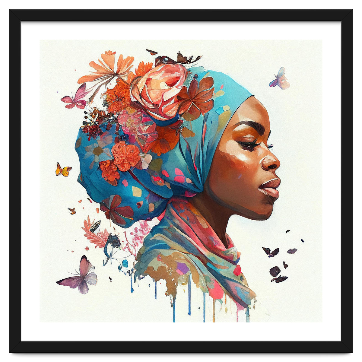 Watercolor Floral Muslim African Woman #2