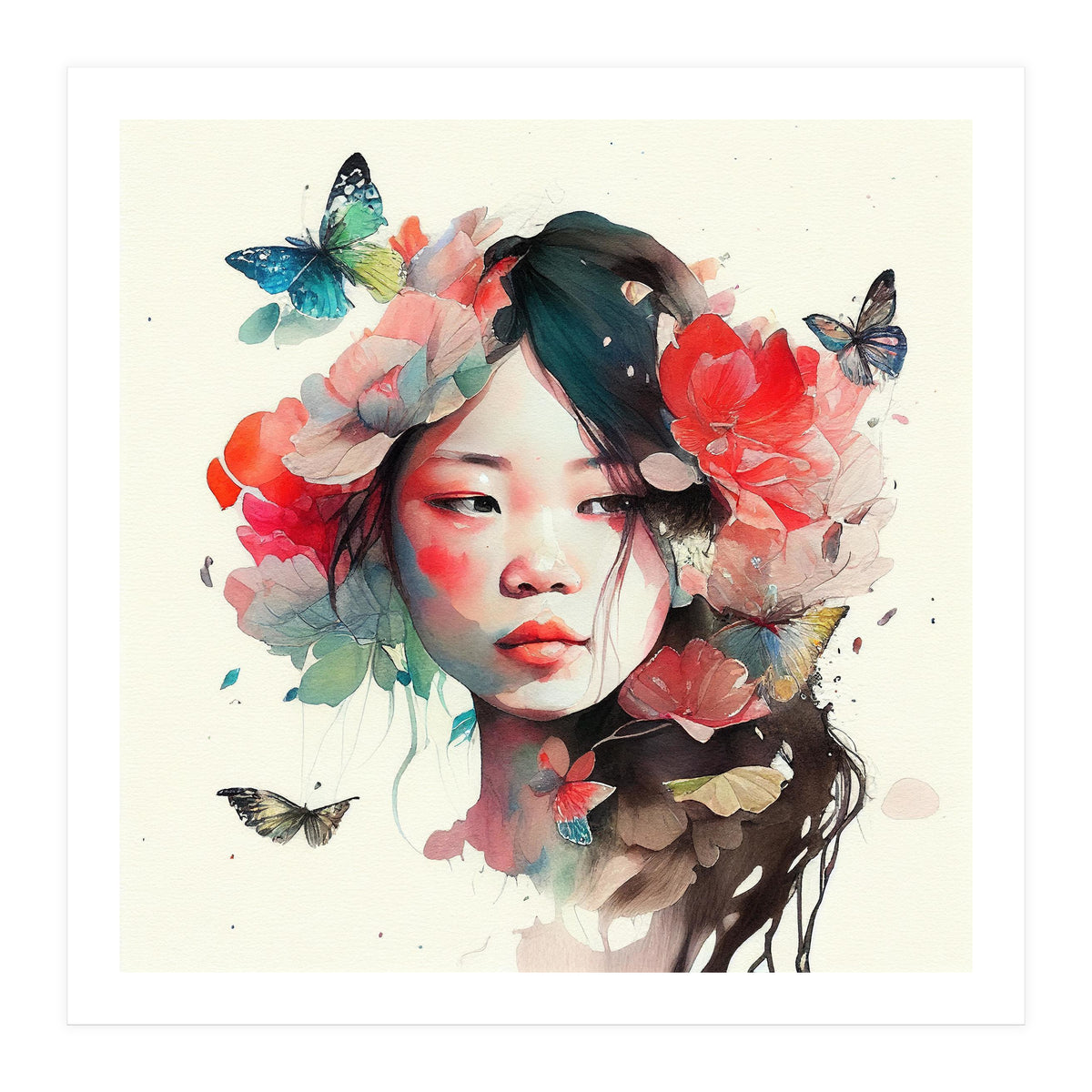 Watercolor Floral Asian Woman #8 (Print Only)