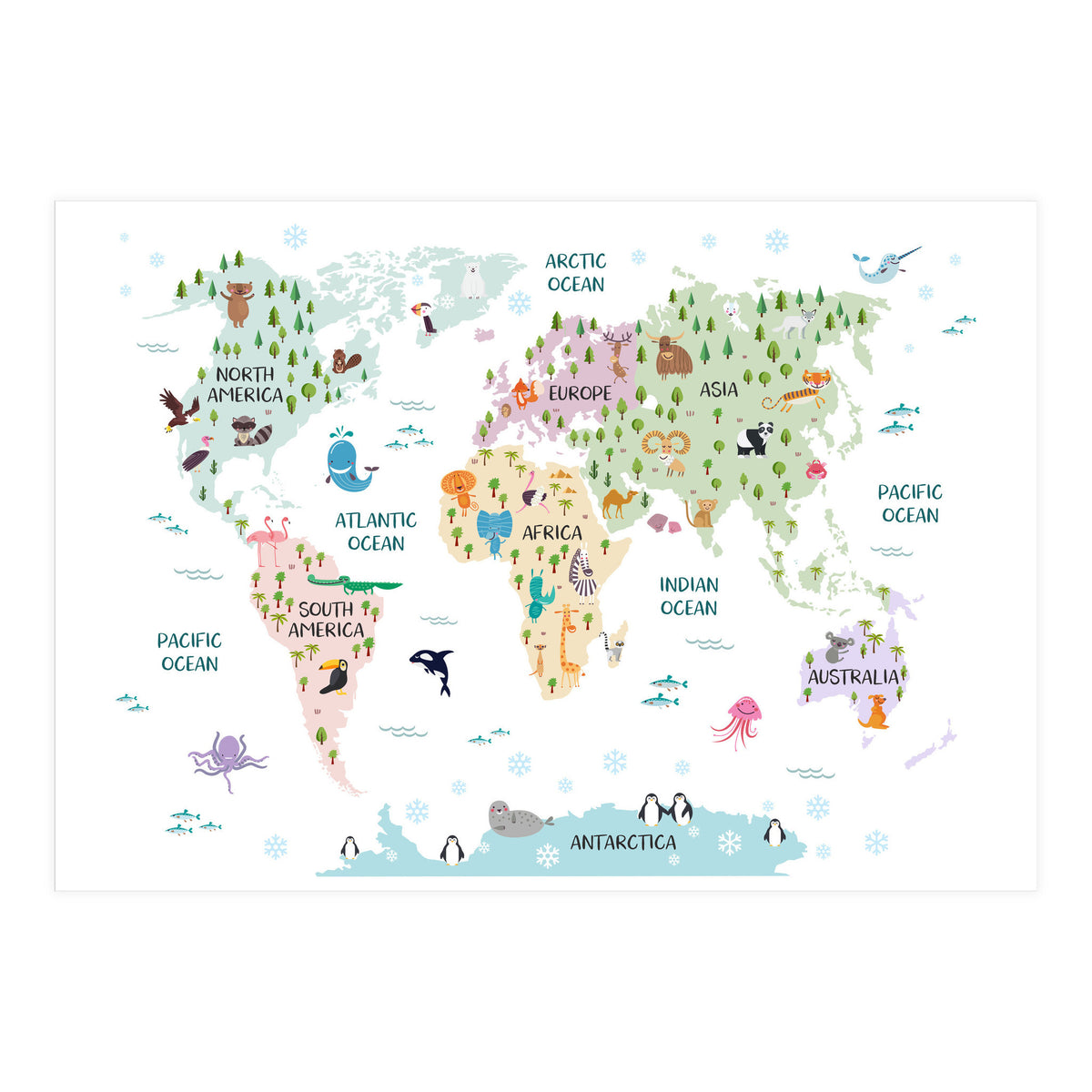 Pastel Animal World Map  (Print Only)