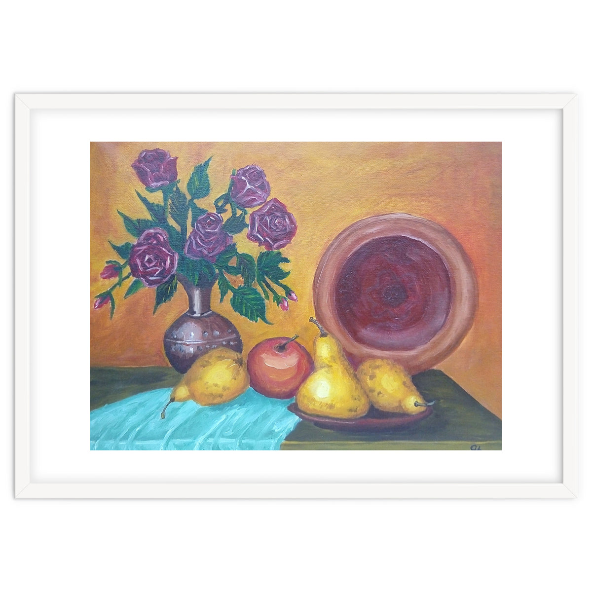 Still life with pears, roses and a dish.