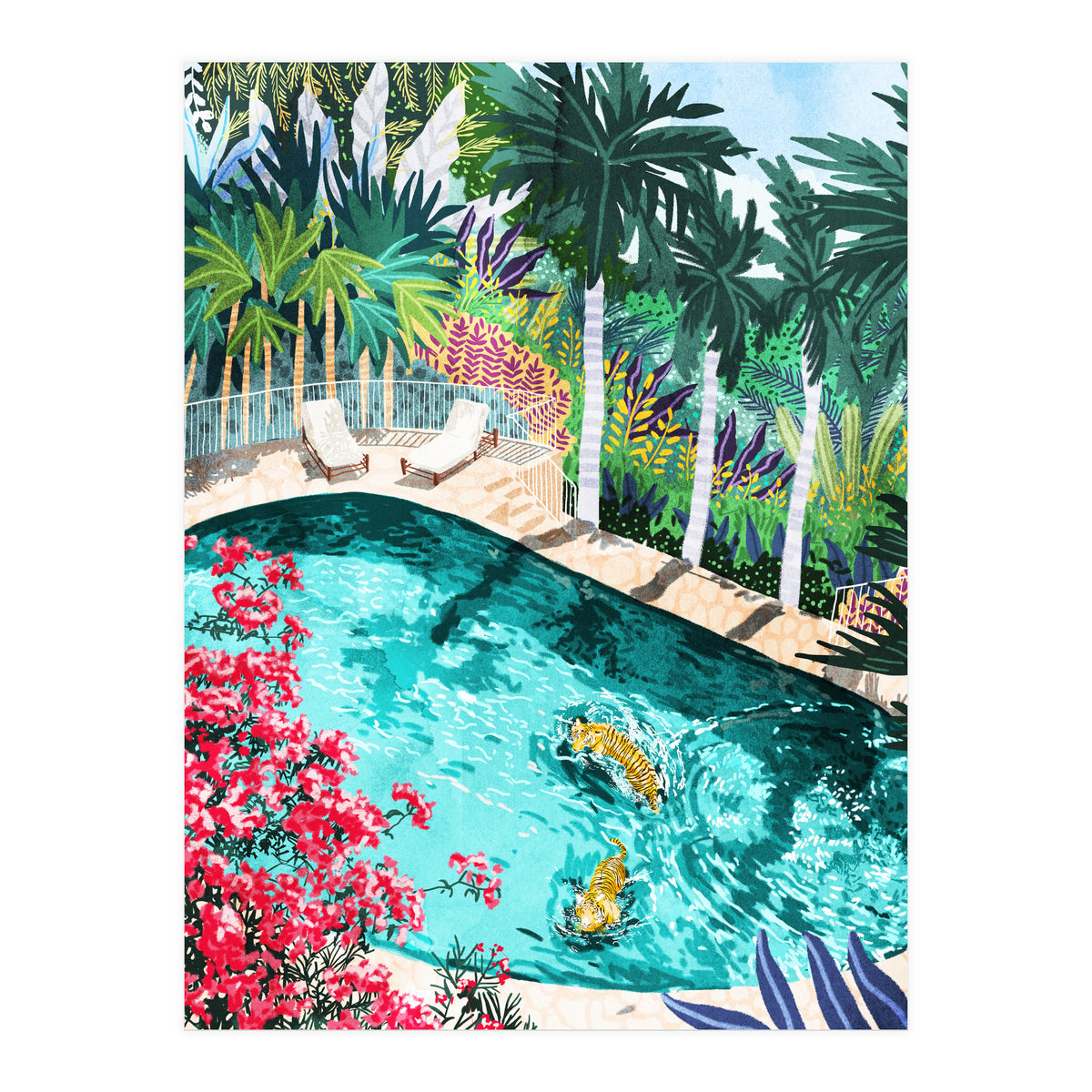 Luxury Tiger Villa illustration, Architecture Travel Nature Painting, Hotel Landscape Garden (Print Only)