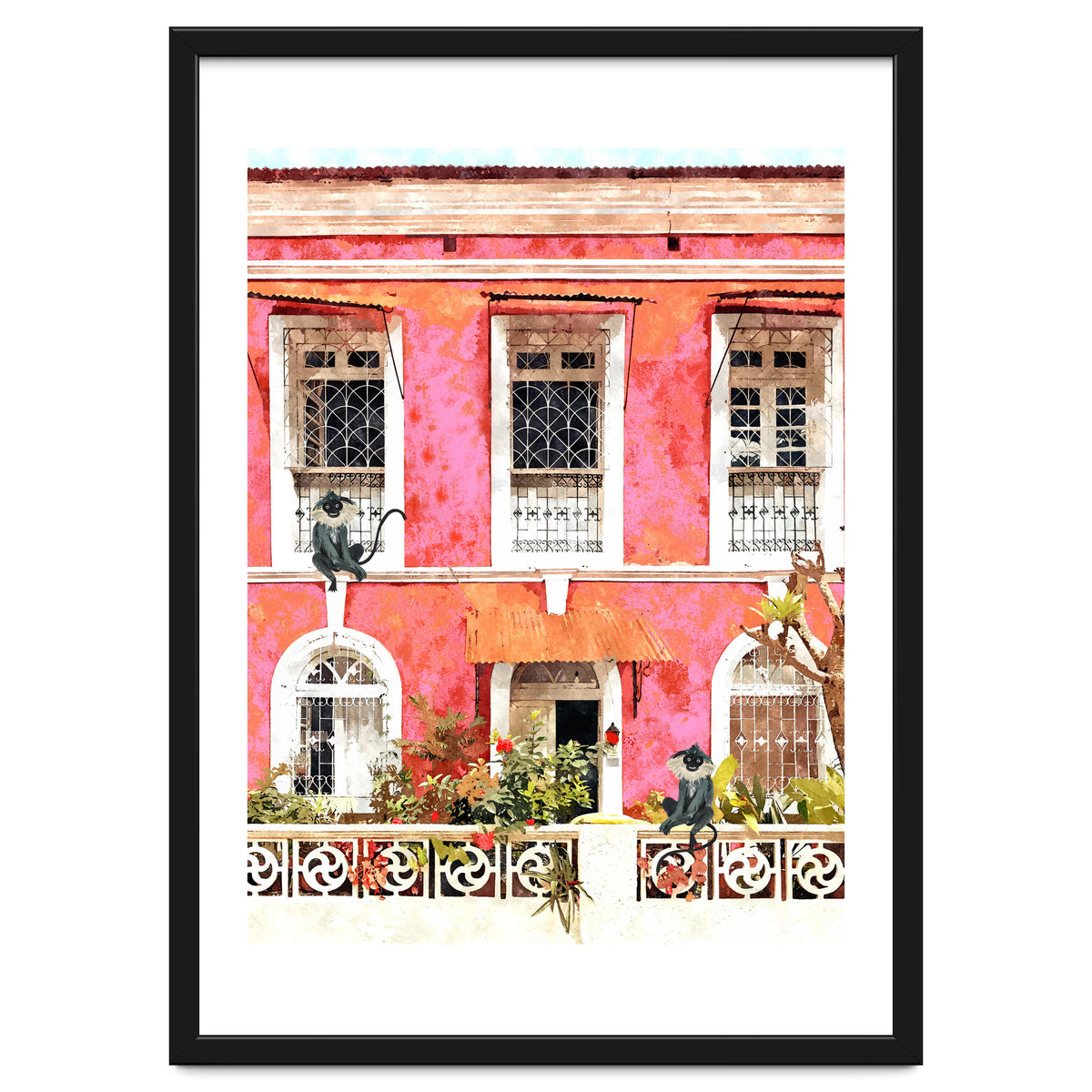 Monkey Business | Watercolor Tropical Goa Architecture Painting | Travel Pastel Pink Blush Building
