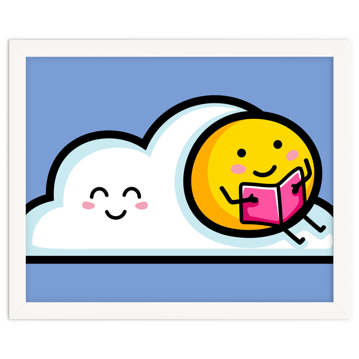 Kawaii Cute Sun Reading A Book On A Cloud