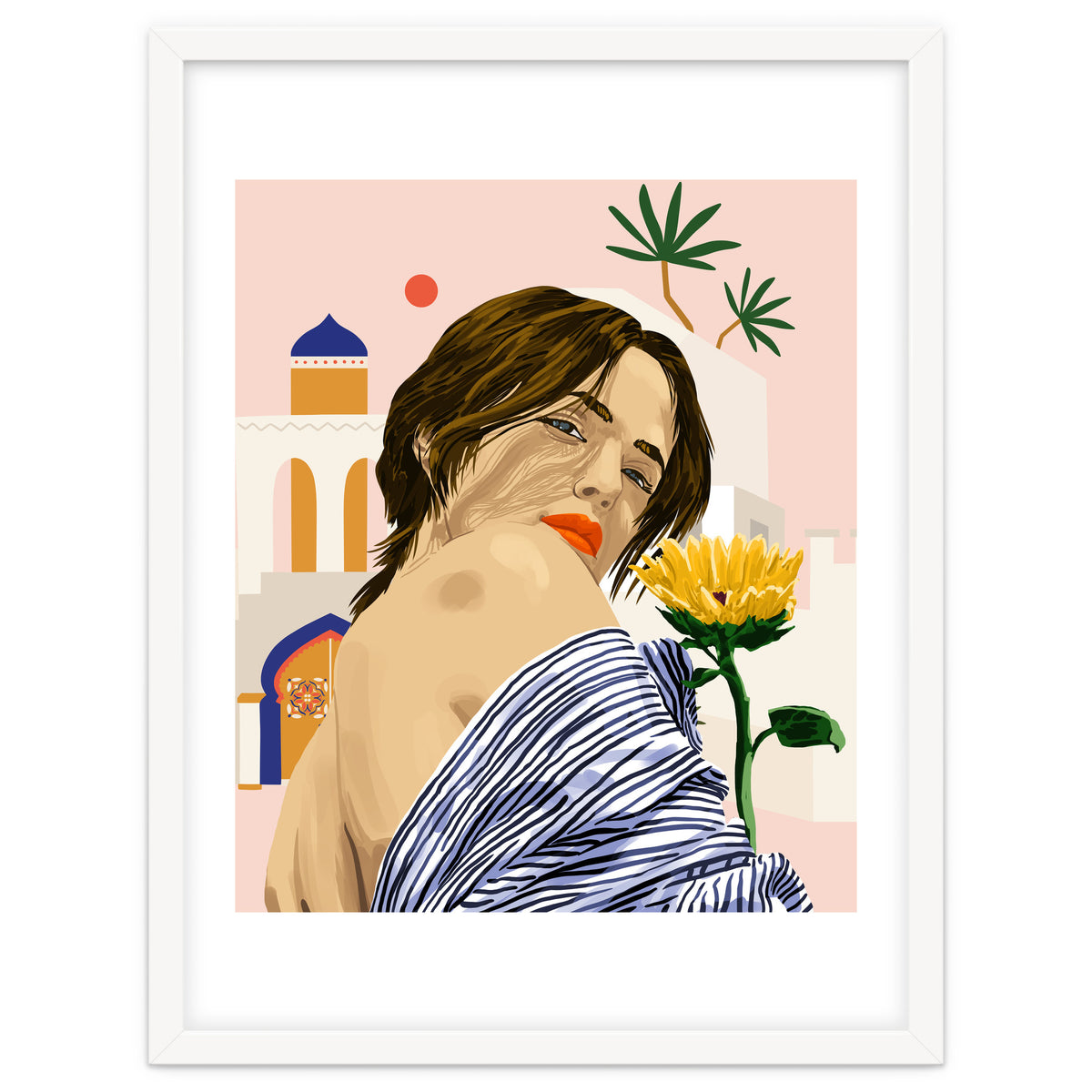 I Travel, I Become | Morocco Architecture Illustration, Bohemian Woman Tropical Sunflower Boho Palm