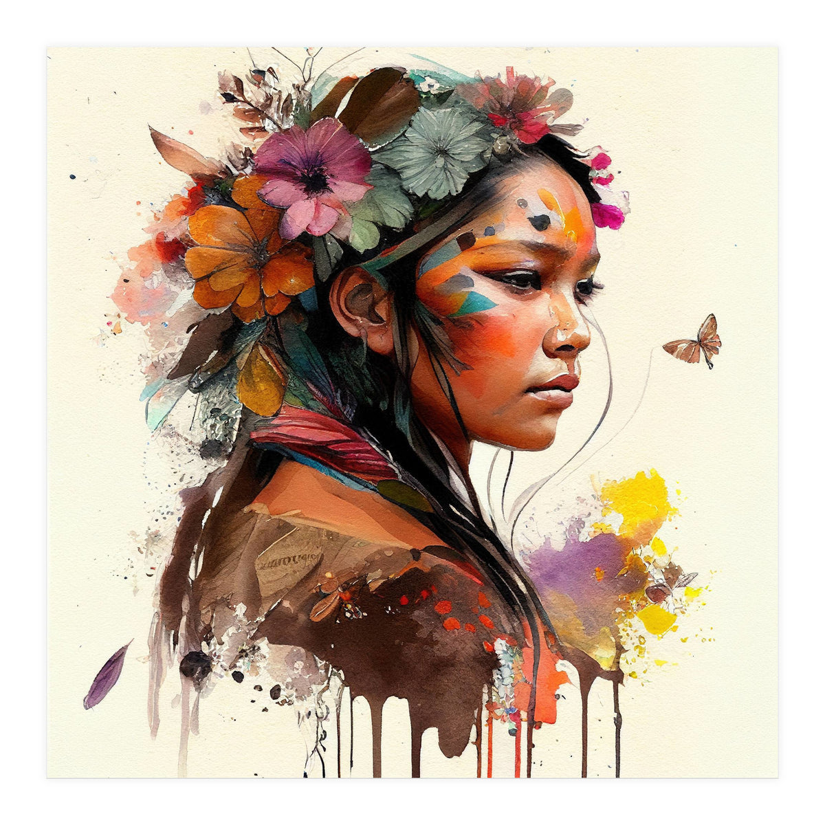 Watercolor Floral Indian Native Woman #4 (Print Only)