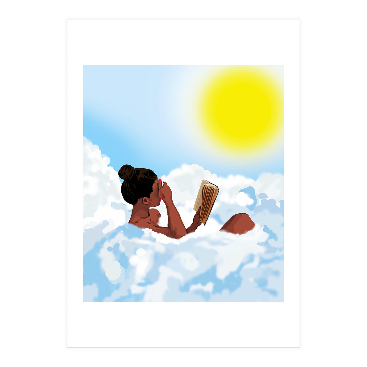Reading on Clouds, Black Woman Summer Sunny Day Book Painting, Bohemian Nude (Print Only)