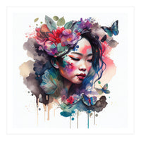 Watercolor Floral Asian Woman #10 (Print Only)