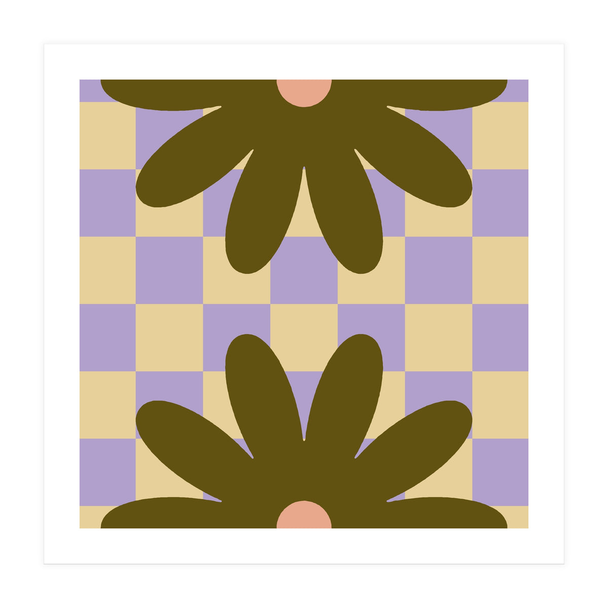Retro Geometric Simple Flower on Checkerboard (Print Only)