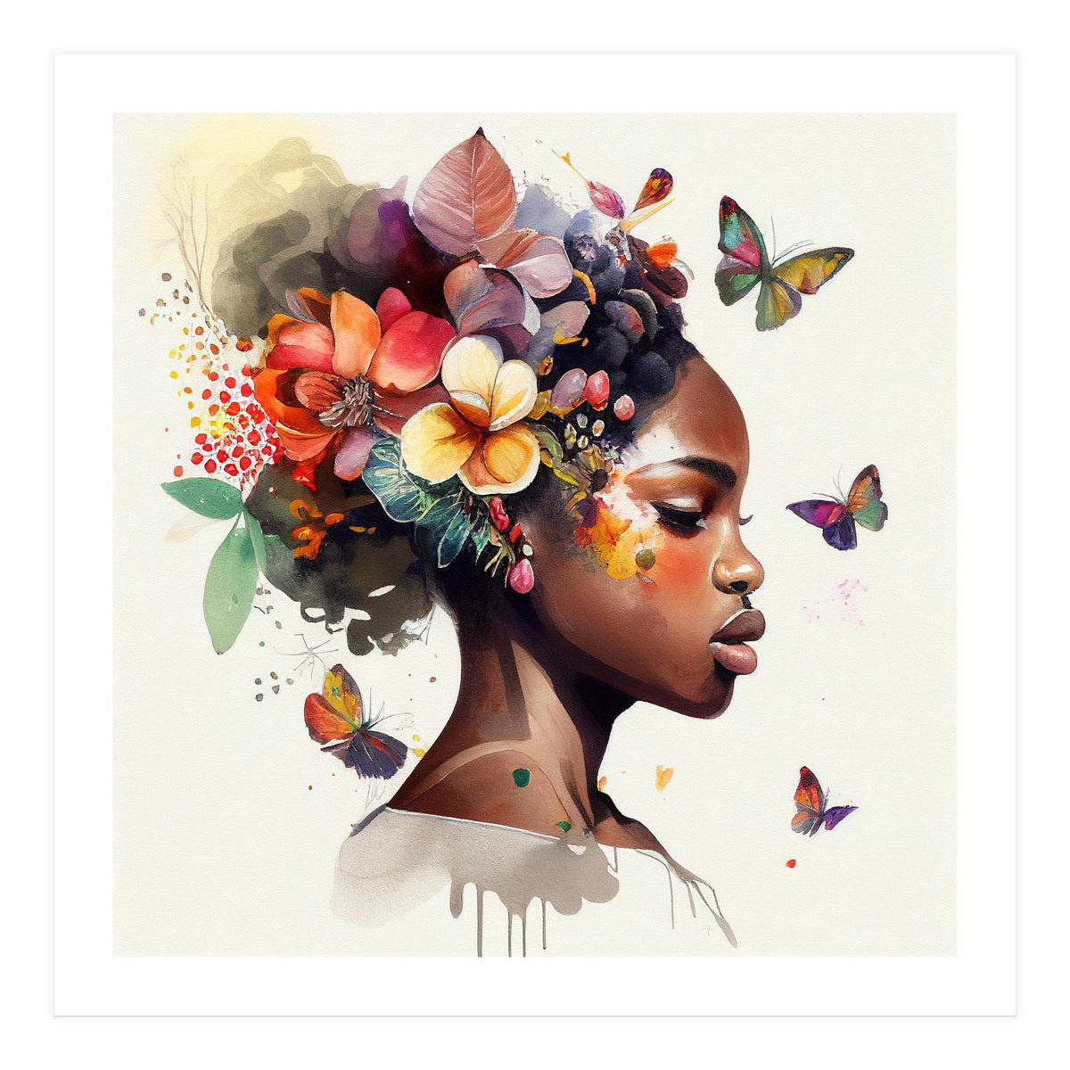 Watercolor Butterfly African Woman #6 (Print Only)
