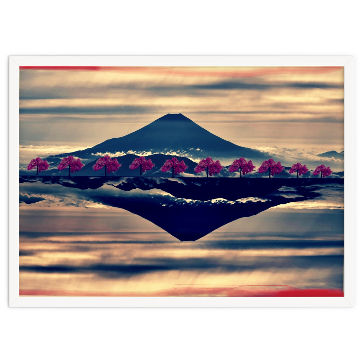Reflection on Mount Fuji with cherry trees.