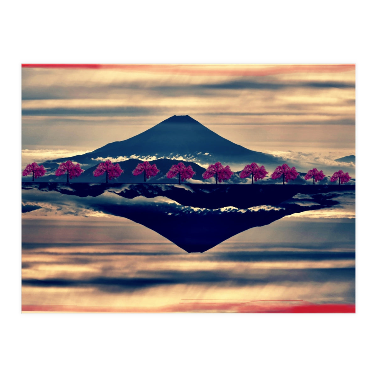 Reflection on Mount Fuji with cherry trees. (Print Only)