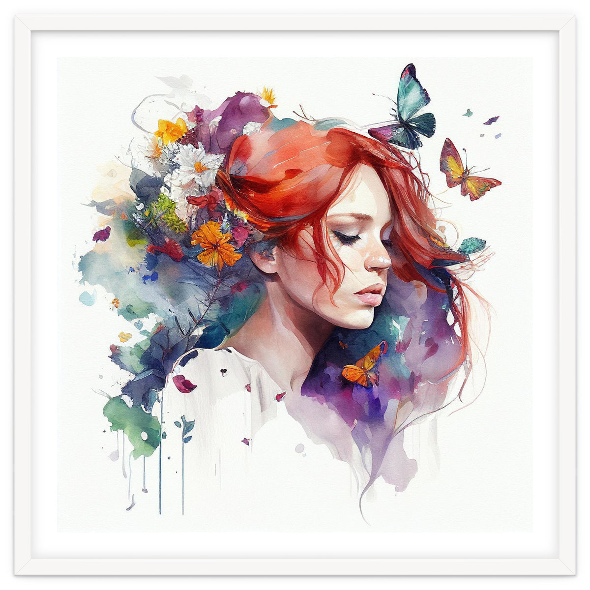 Watercolor Floral Red Hair Woman #1