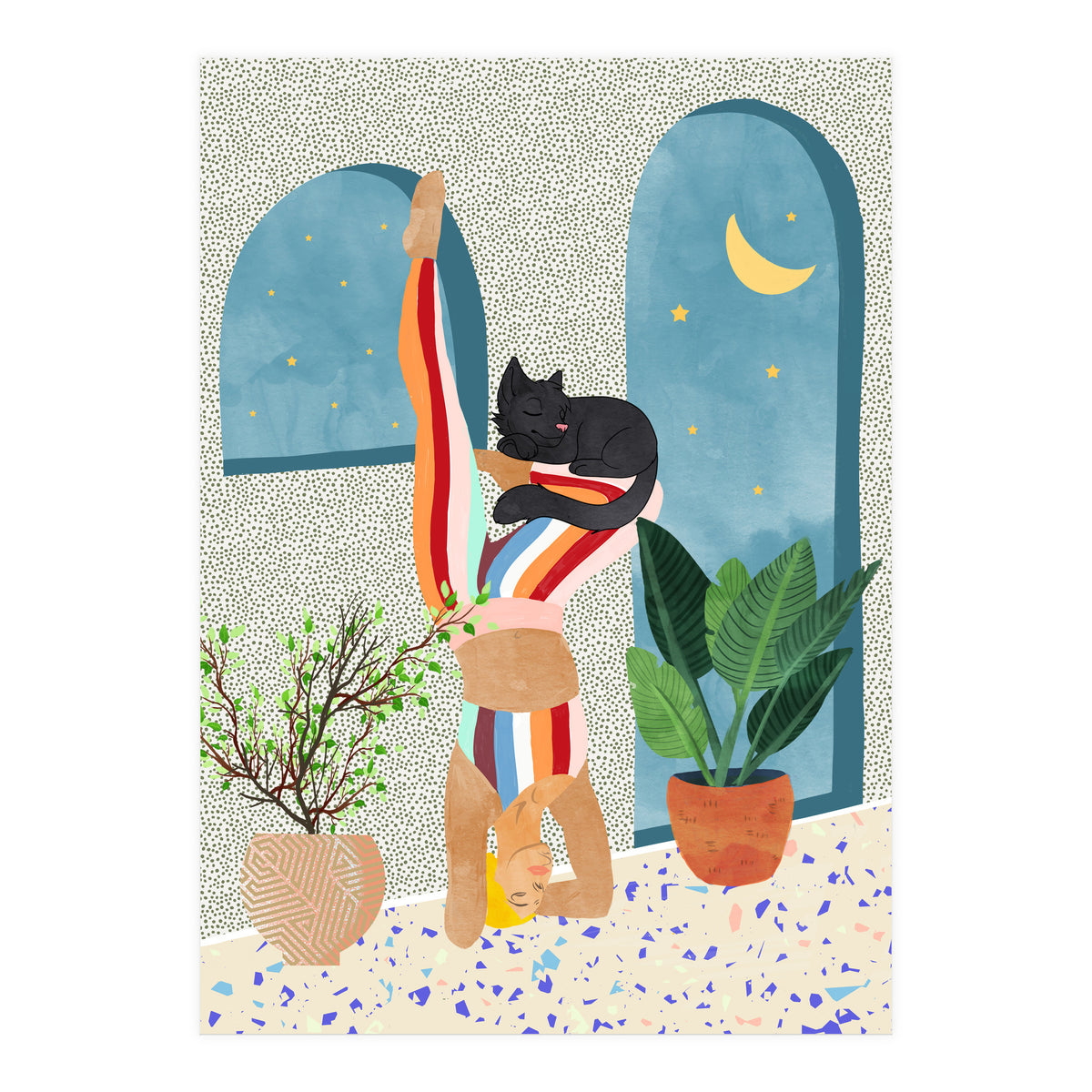 Headstand, Cat Yoga, Active Woman Workout, Eclectic Colorful Pets Terrazzo (Print Only)