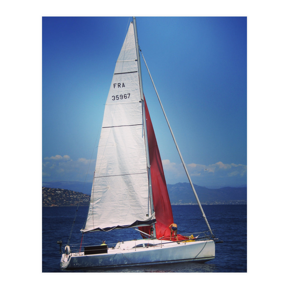 Sailing yacht with white and red sails (Print Only)
