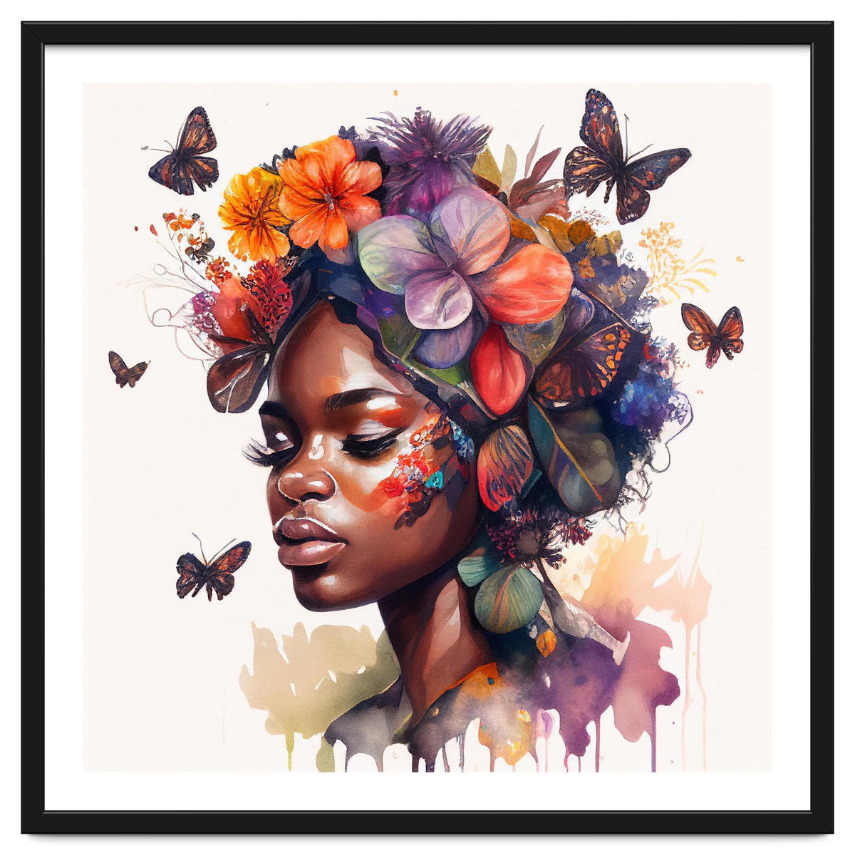 Watercolor Butterfly African Woman #2