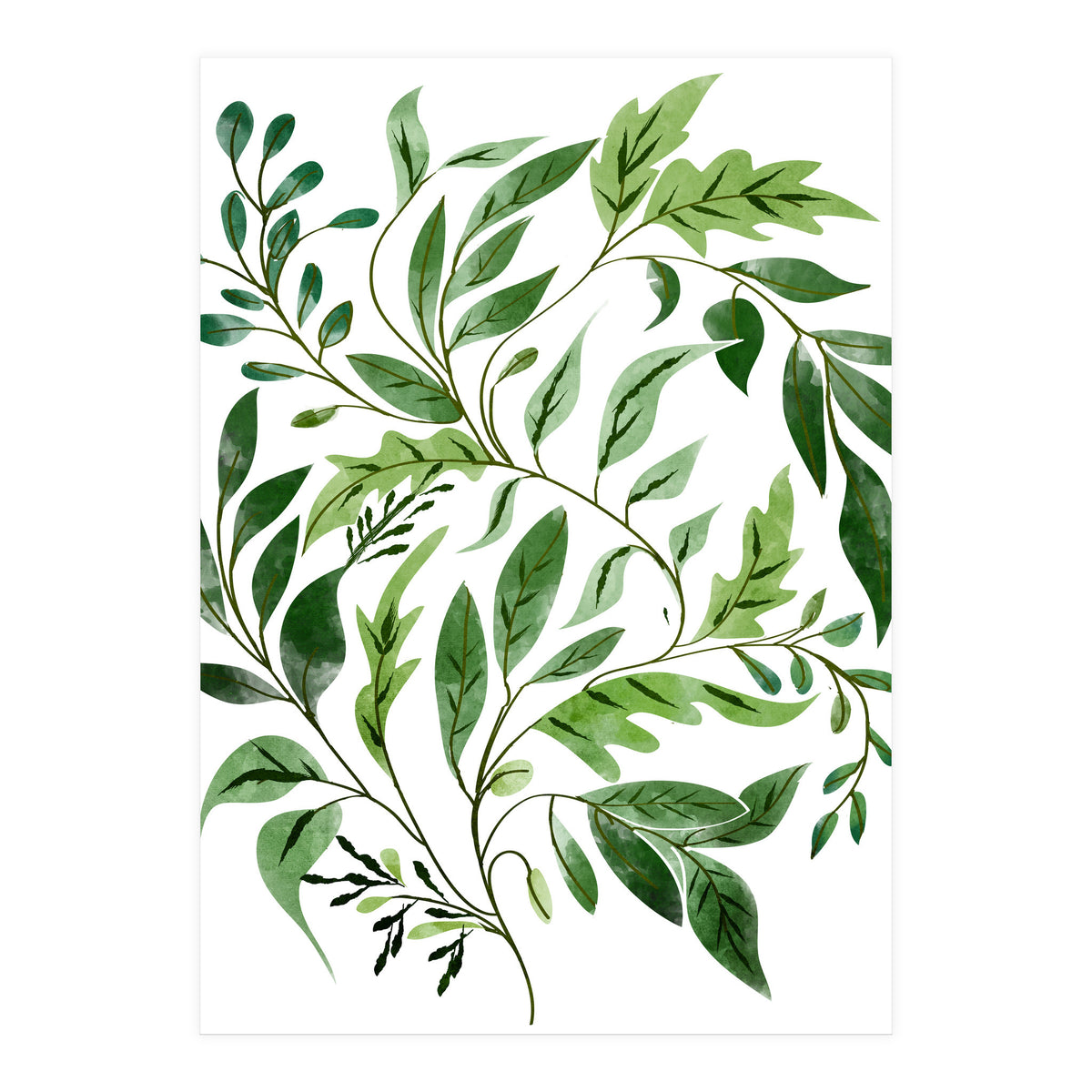 Botanical Abundance, Fresh Green Nature Watercolor Painting, Vibrant Leaves Minimal Illustration (Print Only)