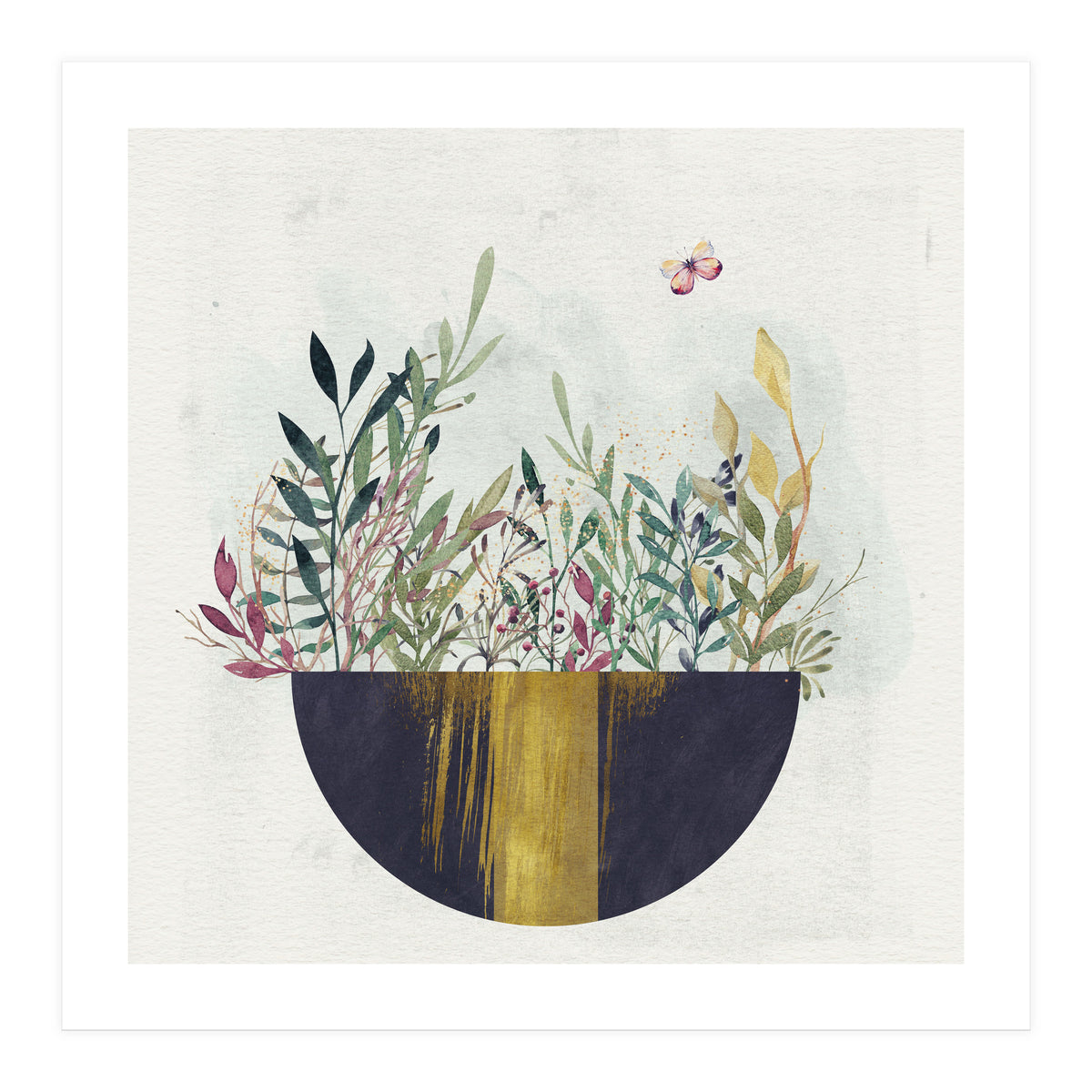 Flowers and leaves in a simple basket (Print Only)