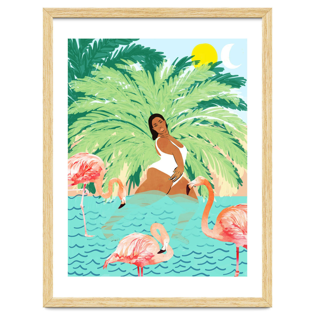 Tropical Summer Water Yoga with Palm & Flamingos | Woman of Color Black Woman Body Positivity