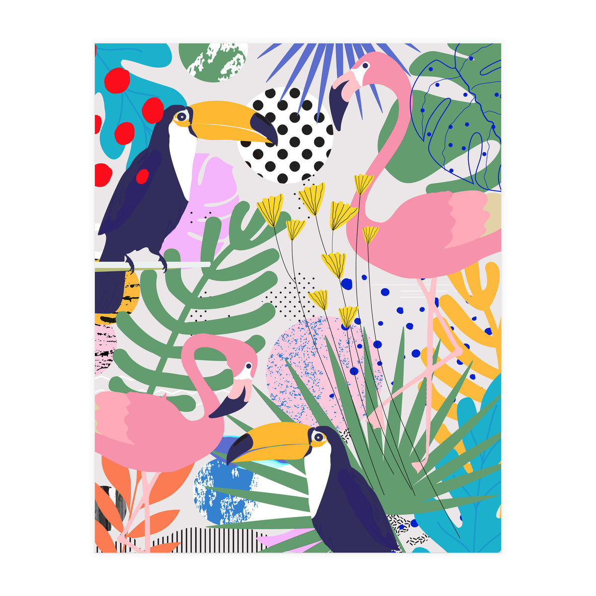 Tropical Spring | Pastel Quirky Modern Bohemian Jungle Botanical | Flamingo Palm Cockatoo Birds (Print Only)