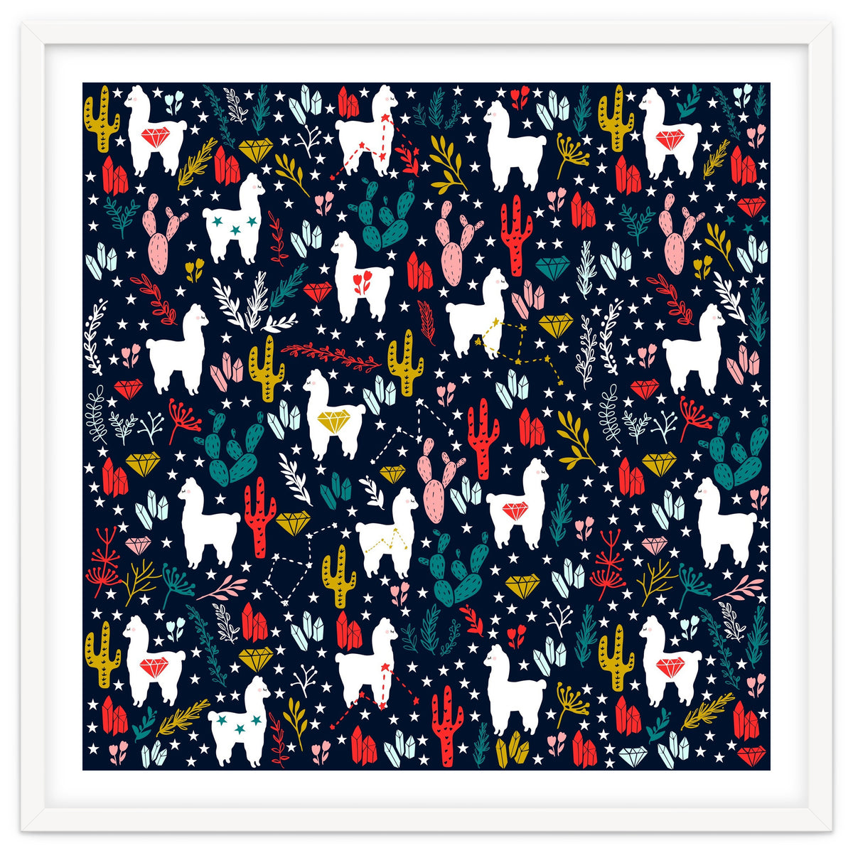 Cute Alpaca Pattern with Cacti, Stars and Crystals