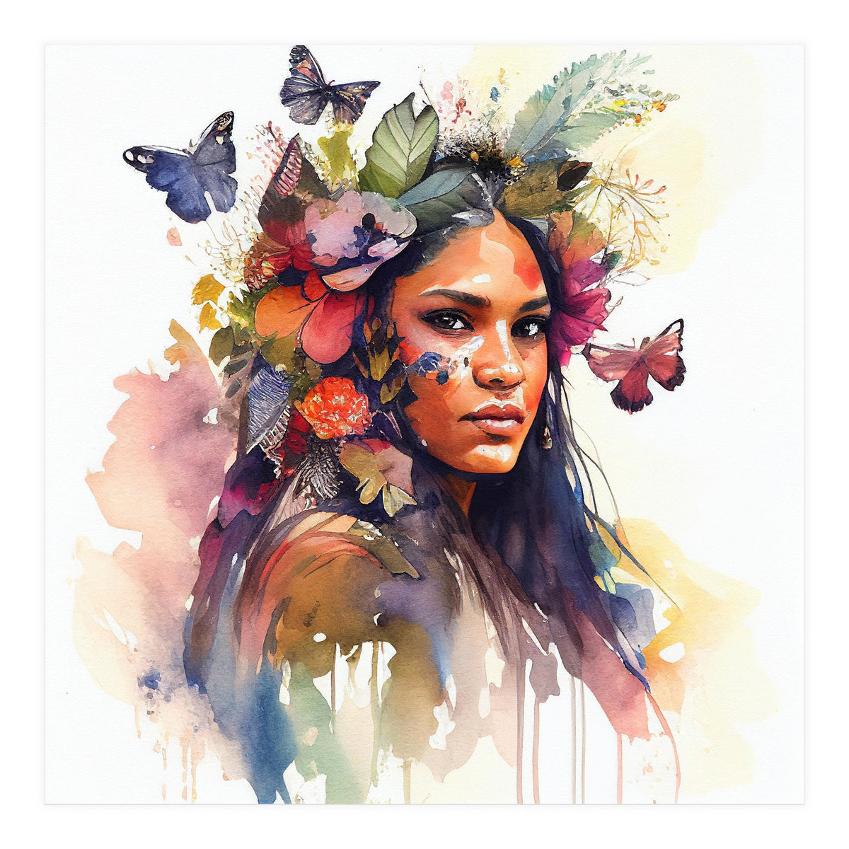 Watercolor Floral Indian Native Woman #5 (Print Only)