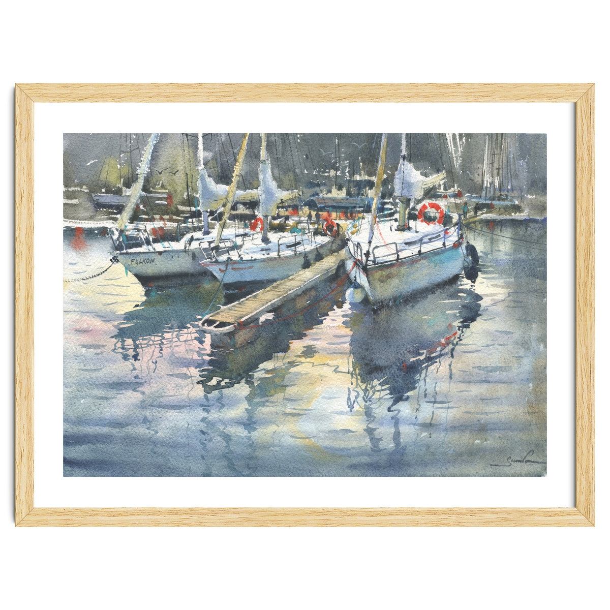 Yachts in the port. Watercolor painting