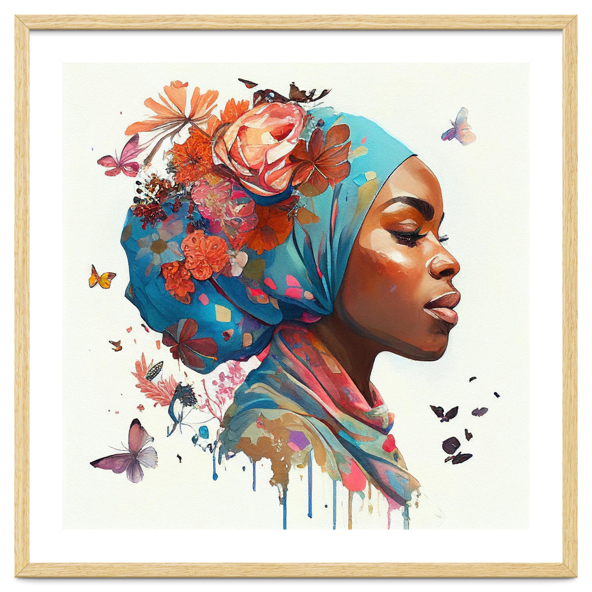 Watercolor Floral Muslim African Woman #2