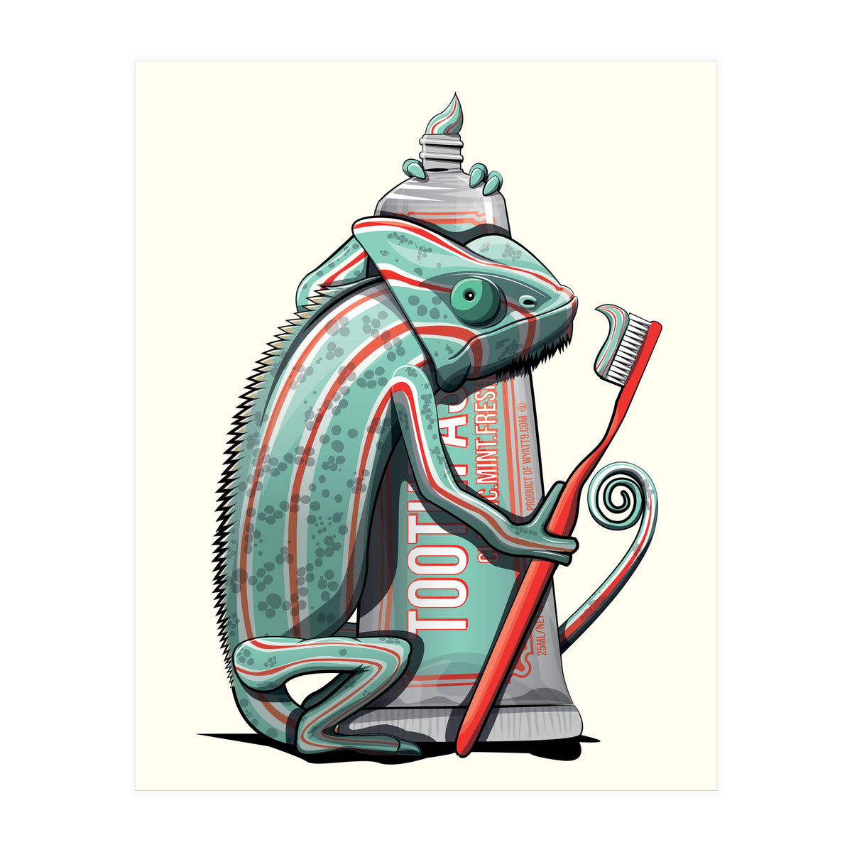 Chameleon Brushing Teeth, Funny Bathroom Humour (Print Only)