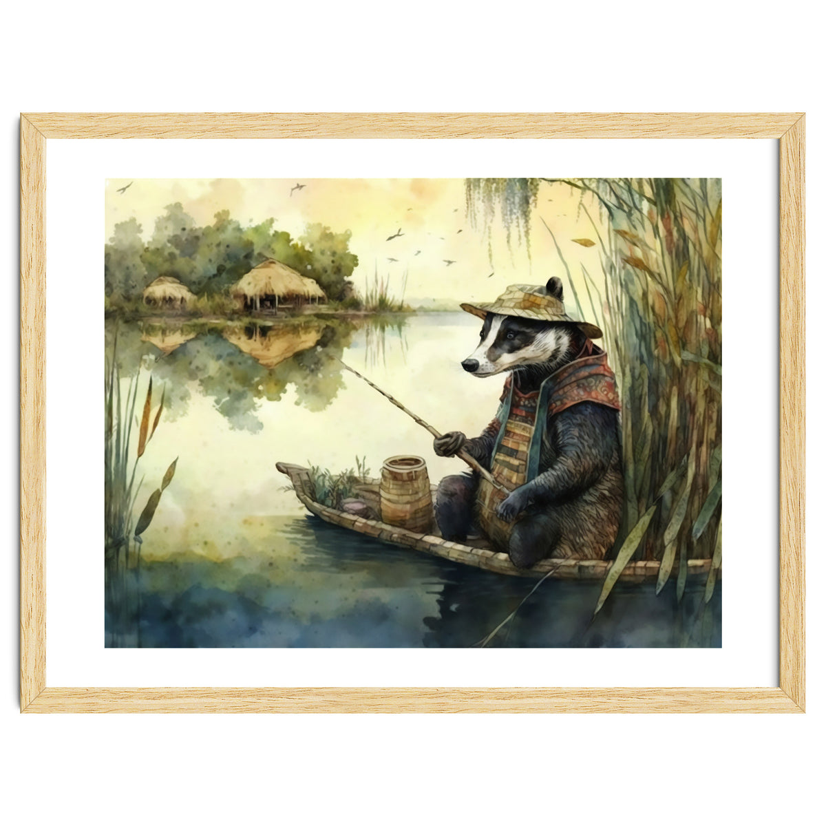 Badger Fishing Watercolor Painting