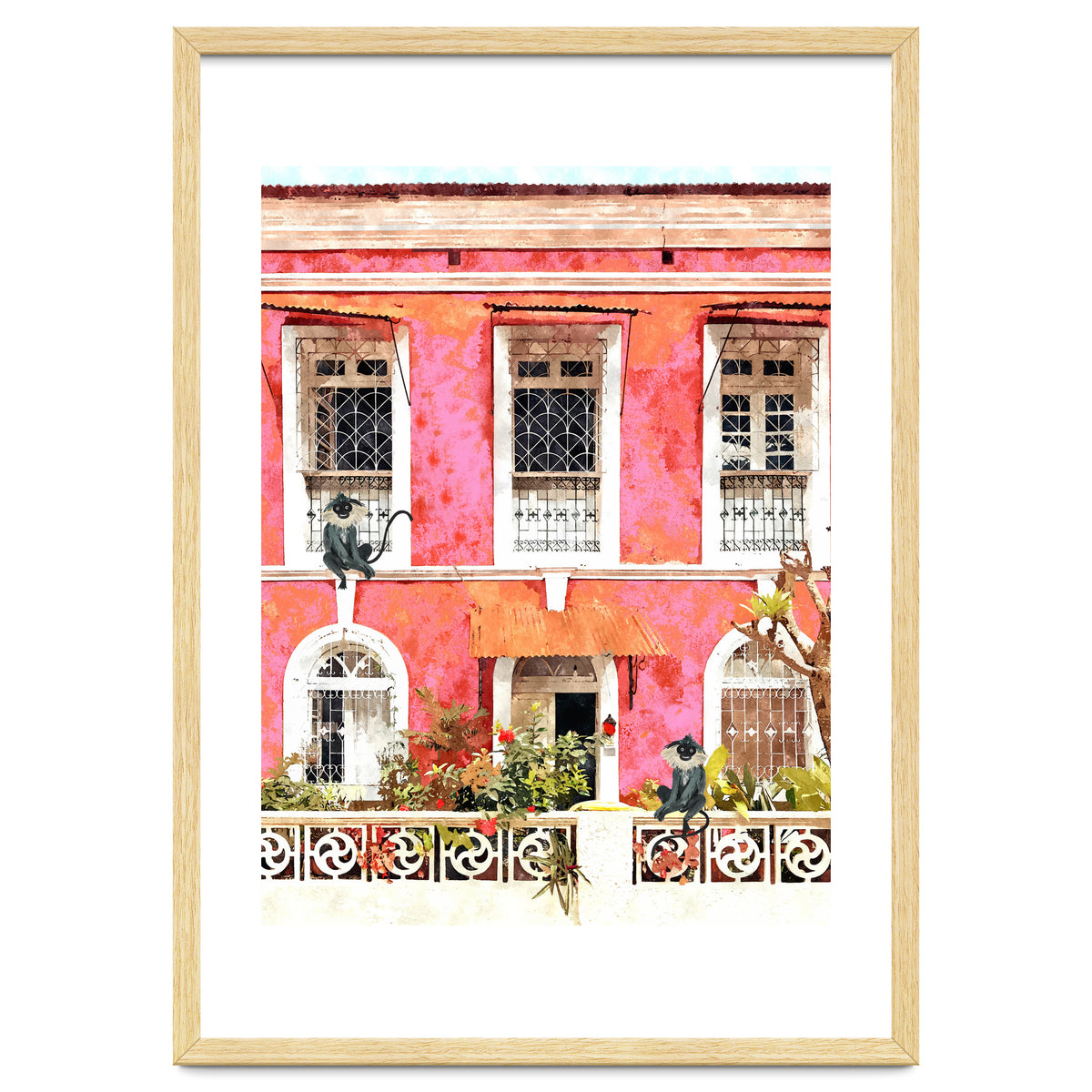 Monkey Business | Watercolor Tropical Goa Architecture Painting | Travel Pastel Pink Blush Building