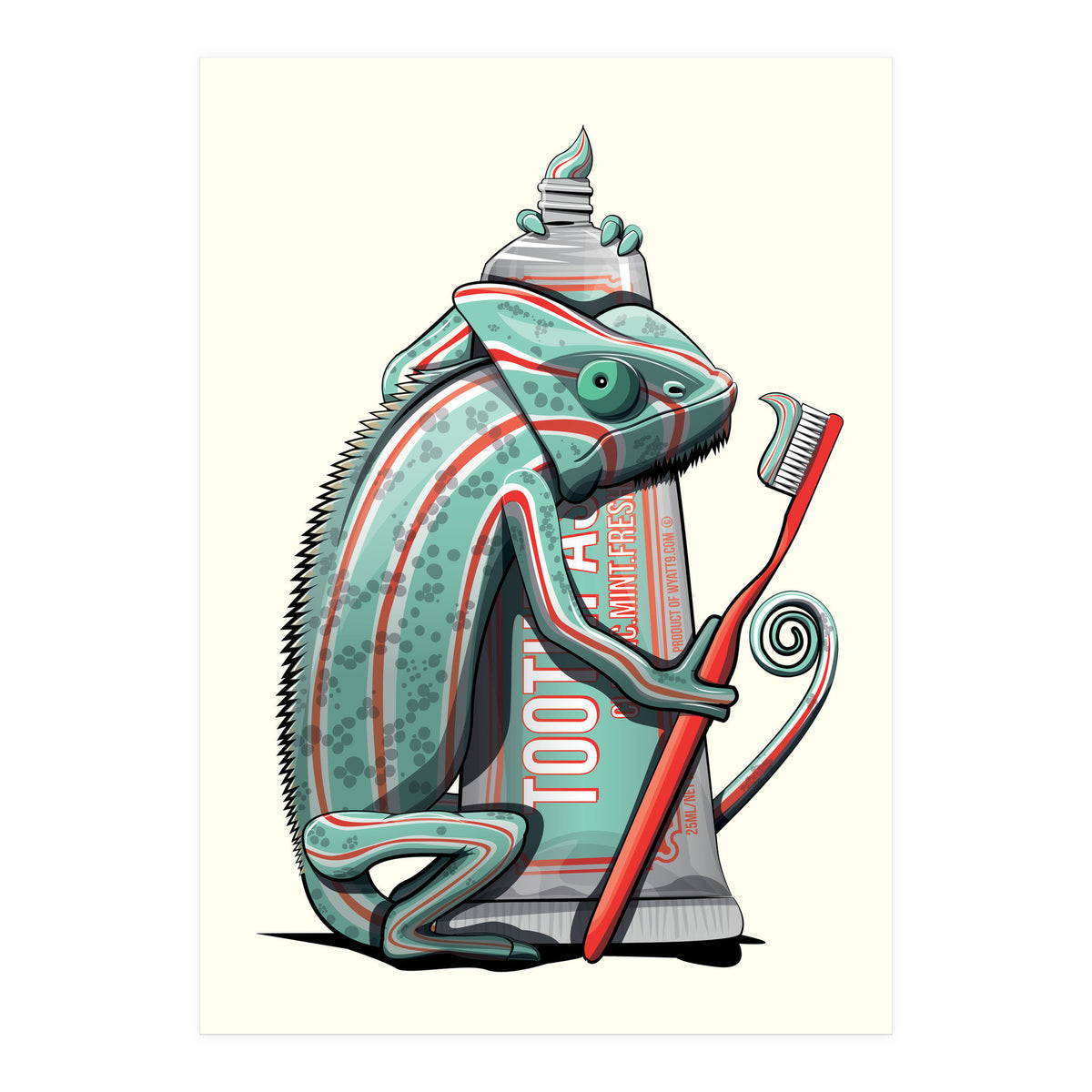 Chameleon Brushing Teeth, Funny Bathroom Humour (Print Only)