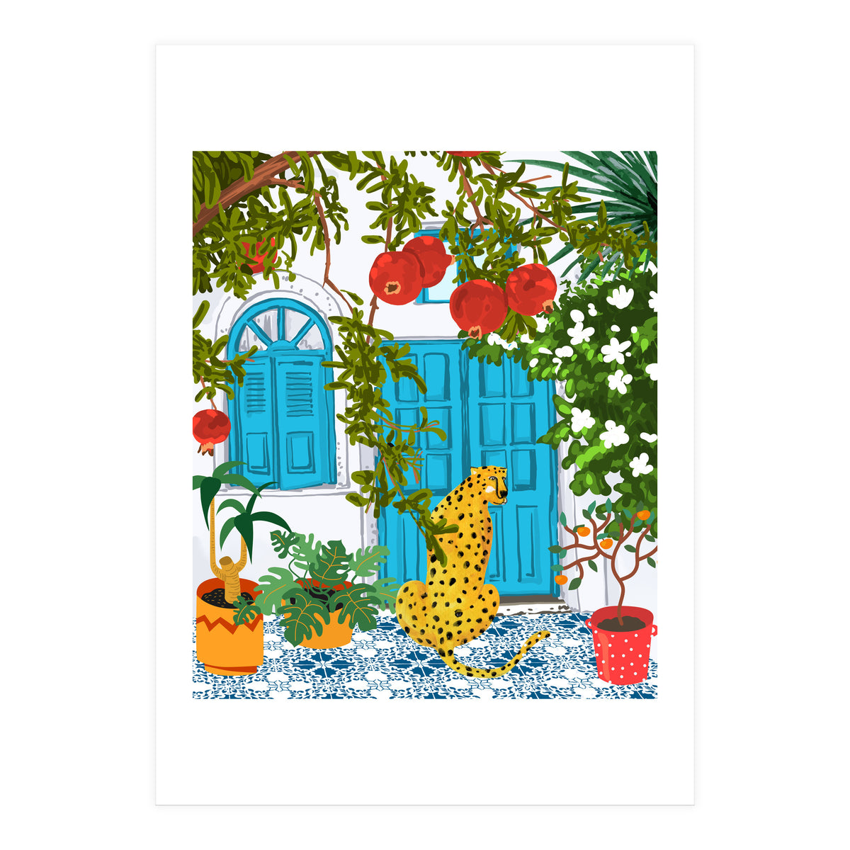 Cheetah Home, Morocco Architecture Illustration, Greece Cats Tropical Urban Jungle Pomegranate  (Print Only)