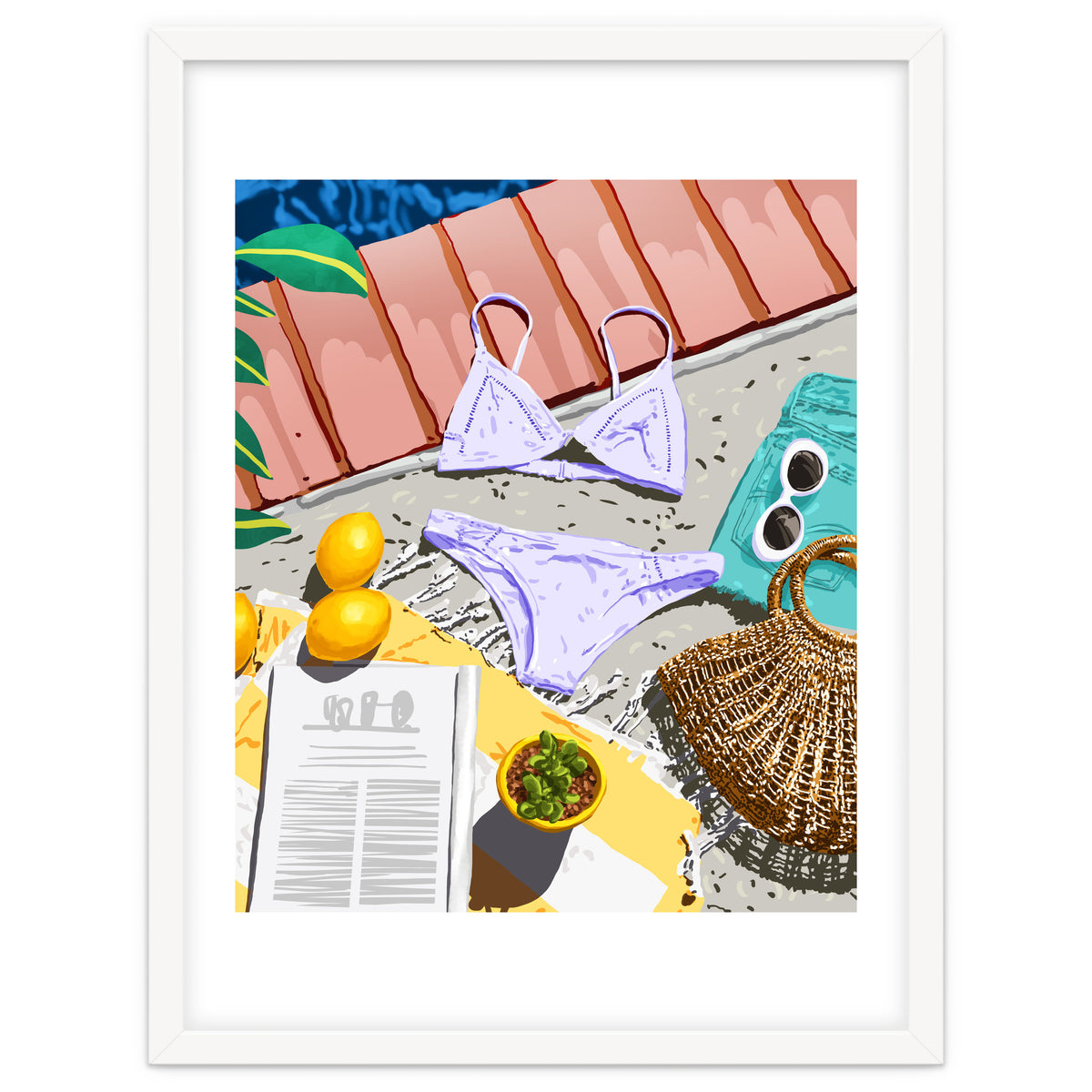 Summer on my mind, Tropical Travel Swimming Pool Fashion Illustration, Eclectic Beachy Summer Bikini